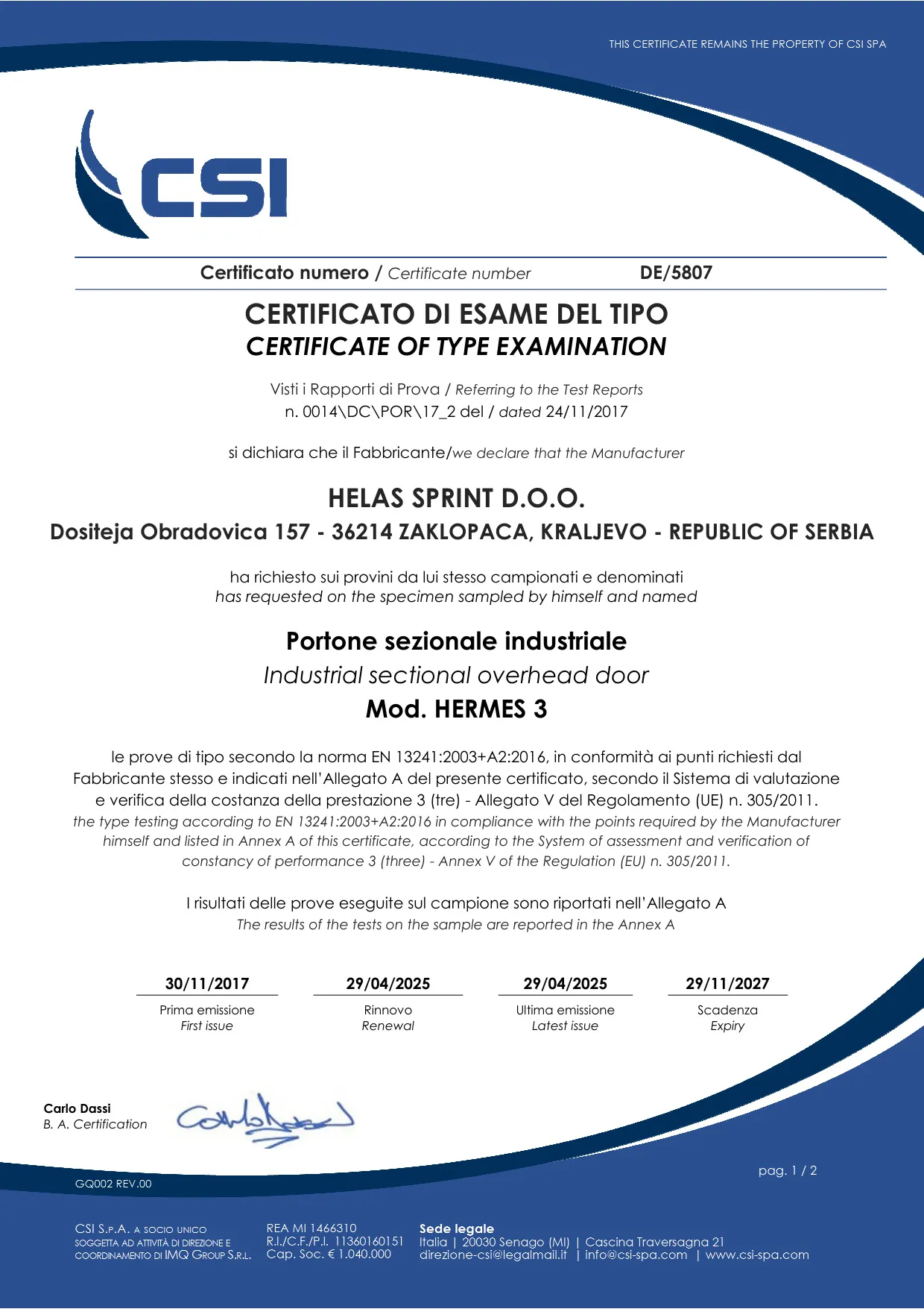 Sertifikat DE/5807 – Industrijska segmentna vrata – Mod. Hermes 3